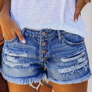 Pocket Button Ripped Hole Denim Shorts - Blue